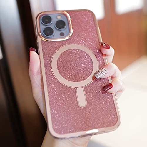 SKYLMW Cute Glitter Case for iPhone 13 Pro Max 6.7" Luxury Magnetic iPhone 13 Pro Max Case Compatible with Magsafe for Women Girls, [5 in 1] Come with Screen Protectors & Camera Protectors, Rose Gold