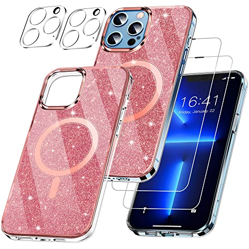 SKYLMW Cute Glitter Case for iPhone 13 Pro Max 6.7" Luxury Magnetic iPhone 13 Pro Max Case Compatible with Magsafe for Women Girls, [5 in 1] Come with Screen Protectors & Camera Protectors, Rose Gold