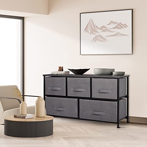 ZENY Extra Wide Dresser Storage Tower - Storage Tower Unit for Bedroom, Hallway, Closet, Office Organization - Steel Frame, Wood Top, Easy Pull Fabric Bins - 5 Drawers, Grey Top