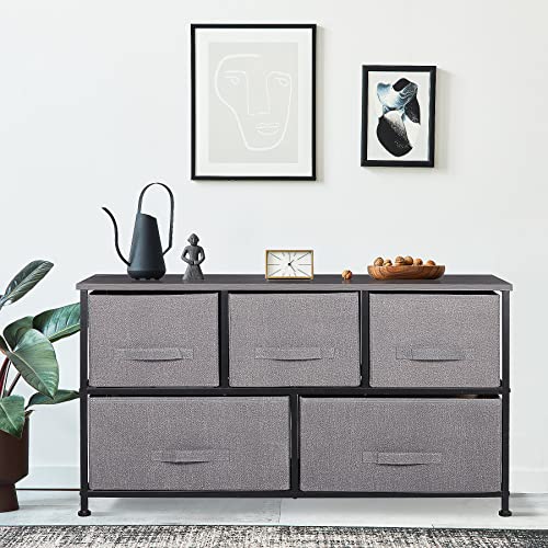 ZENY Extra Wide Dresser Storage Tower - Storage Tower Unit for Bedroom, Hallway, Closet, Office Organization - Steel Frame, Wood Top, Easy Pull Fabric Bins - 5 Drawers, Grey Top