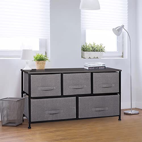 ZENY Extra Wide Dresser Storage Tower - Storage Tower Unit for Bedroom, Hallway, Closet, Office Organization - Steel Frame, Wood Top, Easy Pull Fabric Bins - 5 Drawers, Grey Top