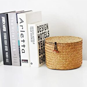 Decorative Wicker Storage Bins with Lids Woven Rattan Seagrass Storage Basket Round Household Organizer Boxes for Organizing Shelves Bathroom Bedroom