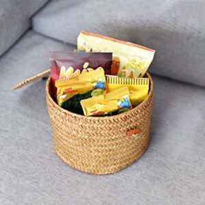 Decorative Wicker Storage Bins with Lids Woven Rattan Seagrass Storage Basket Round Household Organizer Boxes for Organizing Shelves Bathroom Bedroom