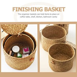 Decorative Wicker Storage Bins with Lids Woven Rattan Seagrass Storage Basket Round Household Organizer Boxes for Organizing Shelves Bathroom Bedroom