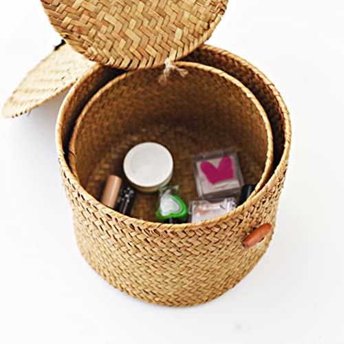 Decorative Wicker Storage Bins with Lids Woven Rattan Seagrass Storage Basket Round Household Organizer Boxes for Organizing Shelves Bathroom Bedroom