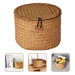 Decorative Wicker Storage Bins with Lids Woven Rattan Seagrass Storage Basket Round Household Organizer Boxes for Organizing Shelves Bathroom Bedroom