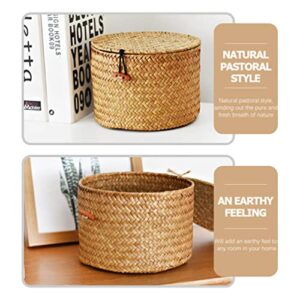 Decorative Wicker Storage Bins with Lids Woven Rattan Seagrass Storage Basket Round Household Organizer Boxes for Organizing Shelves Bathroom Bedroom