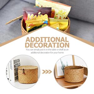 Decorative Wicker Storage Bins with Lids Woven Rattan Seagrass Storage Basket Round Household Organizer Boxes for Organizing Shelves Bathroom Bedroom