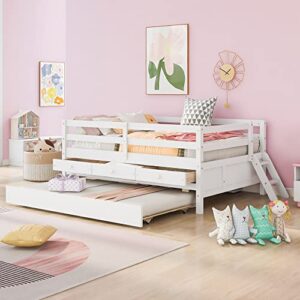 odc low loft bed with trundle bed and 3 storage drawers, multifunctional full size loft bed with climbing ladder, solid wood bed frame with full safety fence for kids boys girls