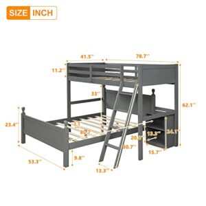 L-Shaped Twin Over Full Bunk Beds, Solid Wood Loft Beds with Cabinet and Ladder, Converted Bunk Bed Frame with Full-Length Guardrail