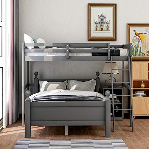 L-Shaped Twin Over Full Bunk Beds, Solid Wood Loft Beds with Cabinet and Ladder, Converted Bunk Bed Frame with Full-Length Guardrail