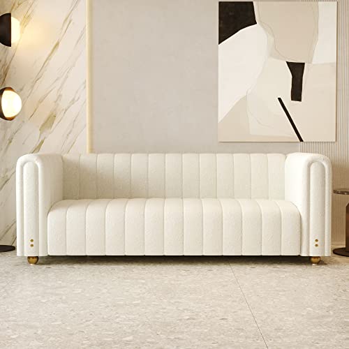 Emerald Green Velvet Couch, 80 Inch Wide Mid-Century Modern Sofa Velvet Tufted Upholstered Velvet Sofa Love Seats Sofa with Golden Leg, 3 Seat Sofa Big Comfy Couch Sofas for Livingroom (White Teddy)