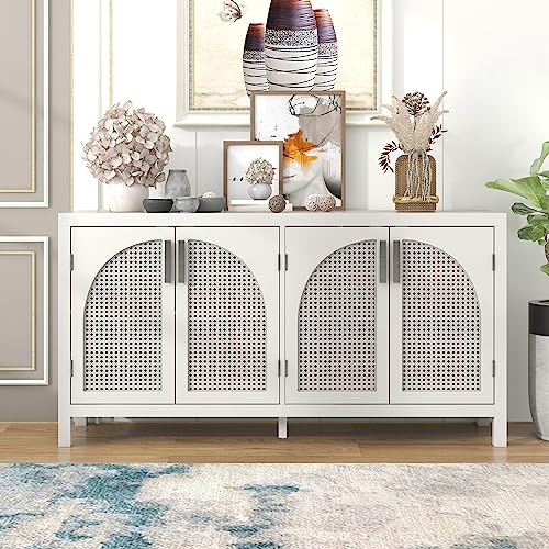 LUMISOL Accent Buffet Cabinet with Rattan Doos, Modern Sideboard and Buffet Table Console Table with Adjustable Shelves for Living Room, White