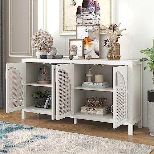 LUMISOL Accent Buffet Cabinet with Rattan Doos, Modern Sideboard and Buffet Table Console Table with Adjustable Shelves for Living Room, White