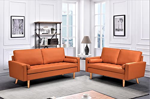 Container Furniture Direct Faux Leather Sofa for The Modern Living Room with Removable Cushions and Solid Wood Legs, Luxury Style Button-Tufted Loveseat, 58" Wide, Red Orange