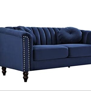 Container Furniture Direct Tufted Velvet Sofa with Removable Cushions and Turned Wood Legs, Elegant Living Room Furniture for The Modern Home, 61.4 Inch Loveseat, Dark Blue