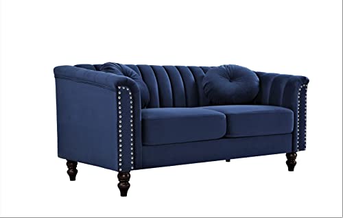 Container Furniture Direct Tufted Velvet Sofa with Removable Cushions and Turned Wood Legs, Elegant Living Room Furniture for The Modern Home, 61.4 Inch Loveseat, Dark Blue