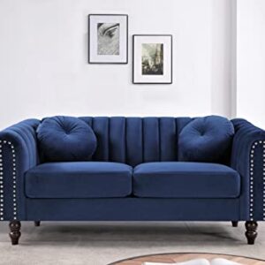 Container Furniture Direct Tufted Velvet Sofa with Removable Cushions and Turned Wood Legs, Elegant Living Room Furniture for The Modern Home, 61.4 Inch Loveseat, Dark Blue