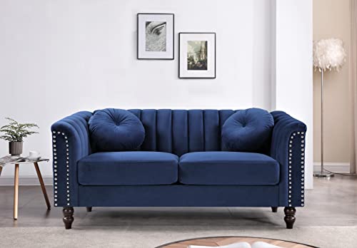 Container Furniture Direct Tufted Velvet Sofa with Removable Cushions and Turned Wood Legs, Elegant Living Room Furniture for The Modern Home, 61.4 Inch Loveseat, Dark Blue