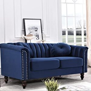 Container Furniture Direct Tufted Velvet Sofa with Removable Cushions and Turned Wood Legs, Elegant Living Room Furniture for The Modern Home, 61.4 Inch Loveseat, Dark Blue