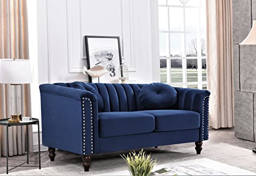 Container Furniture Direct Tufted Velvet Sofa with Removable Cushions and Turned Wood Legs, Elegant Living Room Furniture for The Modern Home, 61.4 Inch Loveseat, Dark Blue