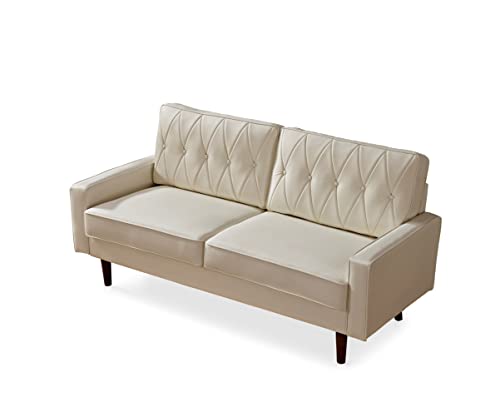 Container Furniture Direct Modern Style Faux Leather Sofa with Elegant Round Tapered Legs and Button Tufted Backrest Perfect for Living Room, Bedroom or Home Office, 69.3’’ Wide, White