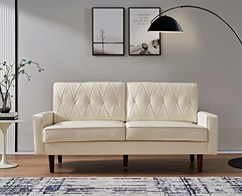 Container Furniture Direct Modern Style Faux Leather Sofa with Elegant Round Tapered Legs and Button Tufted Backrest Perfect for Living Room, Bedroom or Home Office, 69.3’’ Wide, White