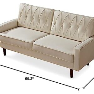 Container Furniture Direct Modern Style Faux Leather Sofa with Elegant Round Tapered Legs and Button Tufted Backrest Perfect for Living Room, Bedroom or Home Office, 69.3’’ Wide, White