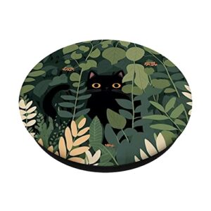 Aesthetic Cute Black Cat Hiding In Botanical Garden PopSockets Swappable PopGrip