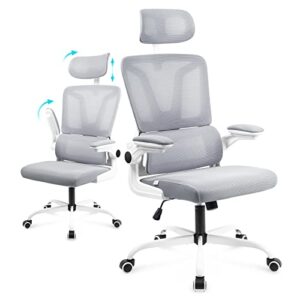 soontrans grey ergonomic office chair with adjustable arms, mesh office chair with lumbar support, 2d headrest office desk chair, rocking ergonomic chair, swivel computer ergo chair for home office