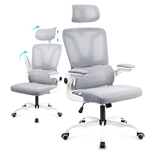 Soontrans Grey Ergonomic Office Chair with Adjustable Arms, Mesh Office Chair with Lumbar Support, 2D Headrest Office Desk Chair, Rocking Ergonomic Chair, Swivel Computer Ergo Chair for Home Office