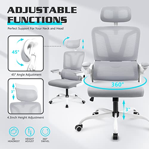 Soontrans Grey Ergonomic Office Chair with Adjustable Arms, Mesh Office Chair with Lumbar Support, 2D Headrest Office Desk Chair, Rocking Ergonomic Chair, Swivel Computer Ergo Chair for Home Office