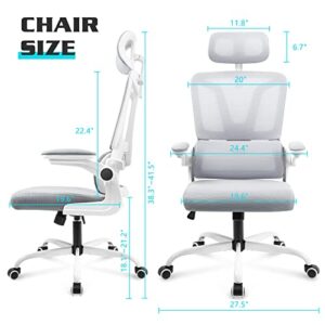 Soontrans Grey Ergonomic Office Chair with Adjustable Arms, Mesh Office Chair with Lumbar Support, 2D Headrest Office Desk Chair, Rocking Ergonomic Chair, Swivel Computer Ergo Chair for Home Office