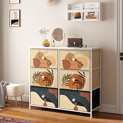 EnHomee Dresser for Bedroom Boho Dressers & Chest of Drawers Small Dresser with 6 Storage Drawers Cute Dresser with Wood Top and Metal Frame,31.5" L*11.8" W*27.5" H