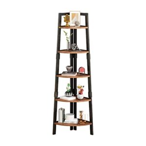 min win 5 tier corner bookshelf bookcase, 68.91” tall industrial ladder corner shelf with metal frame, wood display rack plant stand for home office, balcony, small space, vintage brown