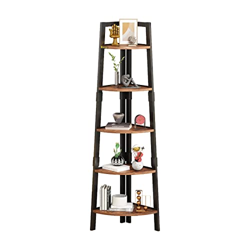 MIN WIN 5 Tier Corner Bookshelf Bookcase, 68.91” Tall Industrial Ladder Corner Shelf with Metal Frame, Wood Display Rack Plant Stand for Home Office, Balcony, Small Space, Vintage Brown