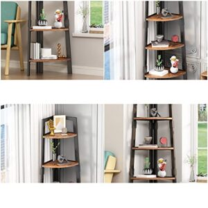 MIN WIN 5 Tier Corner Bookshelf Bookcase, 68.91” Tall Industrial Ladder Corner Shelf with Metal Frame, Wood Display Rack Plant Stand for Home Office, Balcony, Small Space, Vintage Brown