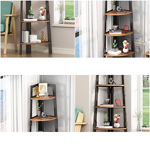 MIN WIN 5 Tier Corner Bookshelf Bookcase, 68.91” Tall Industrial Ladder Corner Shelf with Metal Frame, Wood Display Rack Plant Stand for Home Office, Balcony, Small Space, Vintage Brown