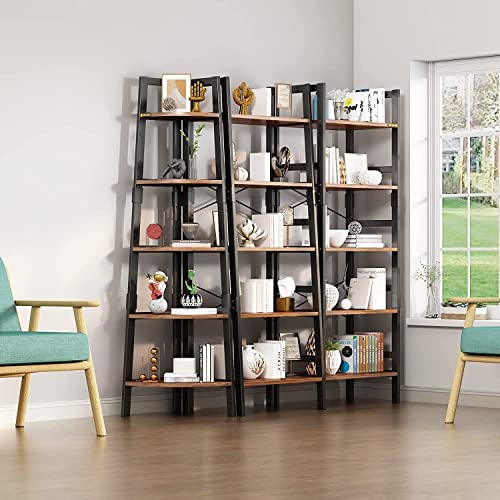 MIN WIN 5 Tier Corner Bookshelf Bookcase, 68.91” Tall Industrial Ladder Corner Shelf with Metal Frame, Wood Display Rack Plant Stand for Home Office, Balcony, Small Space, Vintage Brown