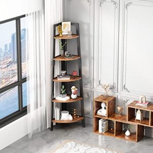 MIN WIN 5 Tier Corner Bookshelf Bookcase, 68.91” Tall Industrial Ladder Corner Shelf with Metal Frame, Wood Display Rack Plant Stand for Home Office, Balcony, Small Space, Vintage Brown