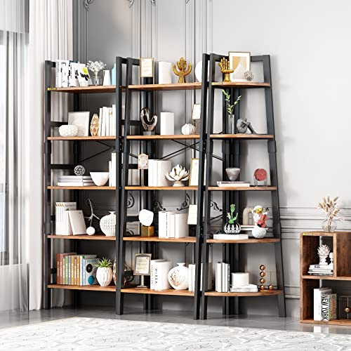 MIN WIN 5 Tier Corner Bookshelf Bookcase, 68.91” Tall Industrial Ladder Corner Shelf with Metal Frame, Wood Display Rack Plant Stand for Home Office, Balcony, Small Space, Vintage Brown