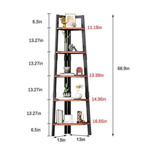 MIN WIN 5 Tier Corner Bookshelf Bookcase, 68.91” Tall Industrial Ladder Corner Shelf with Metal Frame, Wood Display Rack Plant Stand for Home Office, Balcony, Small Space, Vintage Brown