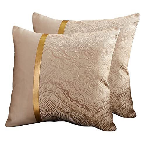 JoraLion Luxury Throw Pillow Covers, 18x18 inch Embroidery Silk Satin Patchwork Leather Abstract Gold Striped, Set of 2 Luxury Decorative for Couch Sofa Livingroom Bedroom, Champagne