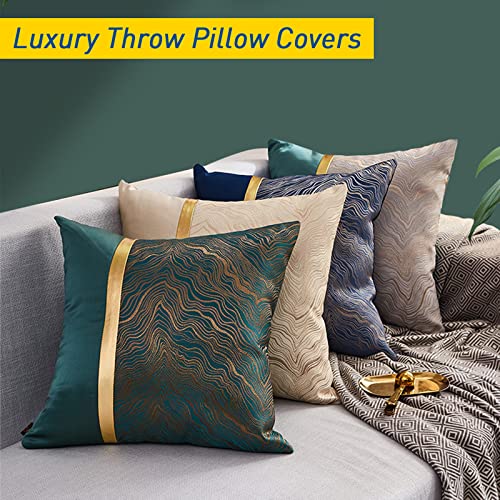 JoraLion Luxury Throw Pillow Covers, 18x18 inch Embroidery Silk Satin Patchwork Leather Abstract Gold Striped, Set of 2 Luxury Decorative for Couch Sofa Livingroom Bedroom, Champagne