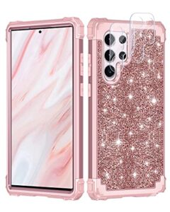 lontect for galaxy s23 ultra case with 2 camera lens protector,three-layer shockproof heavy duty full body sturdy protective case for samsung galaxy s23 ultra 5g,rose gold