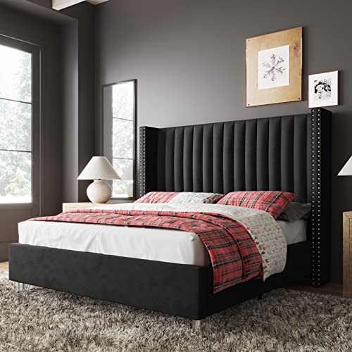 Jocisland Bed Frame King Size Upholstered Bed Wingback Headborad Velvet Channel Tufted/No Box Spring Needed/Black