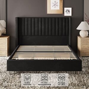 Jocisland Bed Frame King Size Upholstered Bed Wingback Headborad Velvet Channel Tufted/No Box Spring Needed/Black