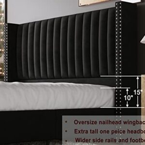 Jocisland Bed Frame King Size Upholstered Bed Wingback Headborad Velvet Channel Tufted/No Box Spring Needed/Black