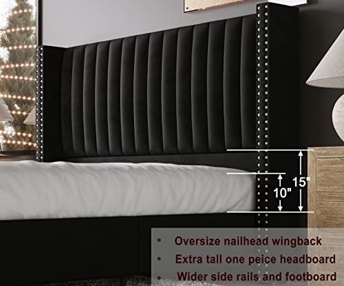 Jocisland Bed Frame King Size Upholstered Bed Wingback Headborad Velvet Channel Tufted/No Box Spring Needed/Black