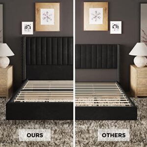 Jocisland Bed Frame King Size Upholstered Bed Wingback Headborad Velvet Channel Tufted/No Box Spring Needed/Black